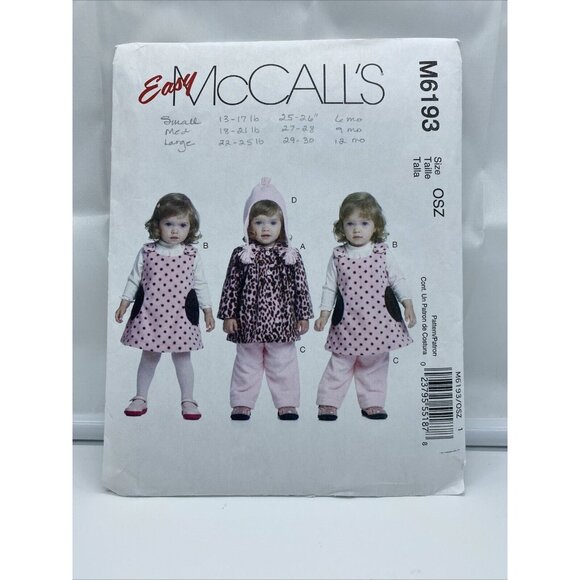 McCalls M6193 Size S M L Jacket Jumper Pant Hat Infant Girl Cut Sewing Pattern - Picture 1 of 6